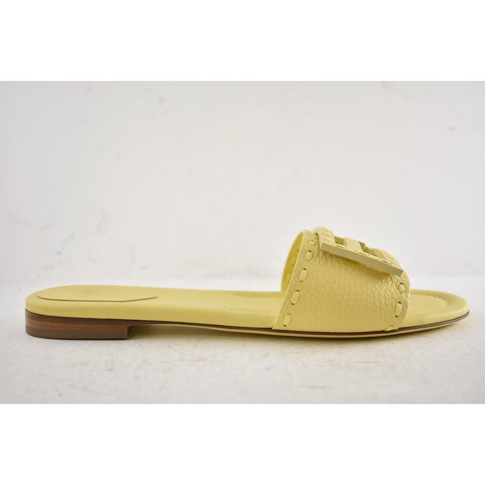 Fendi Baguette Light Yellow Leather FF Monogram Logo Mule Slide Flat Sandal 39 - Picture 2 of 16